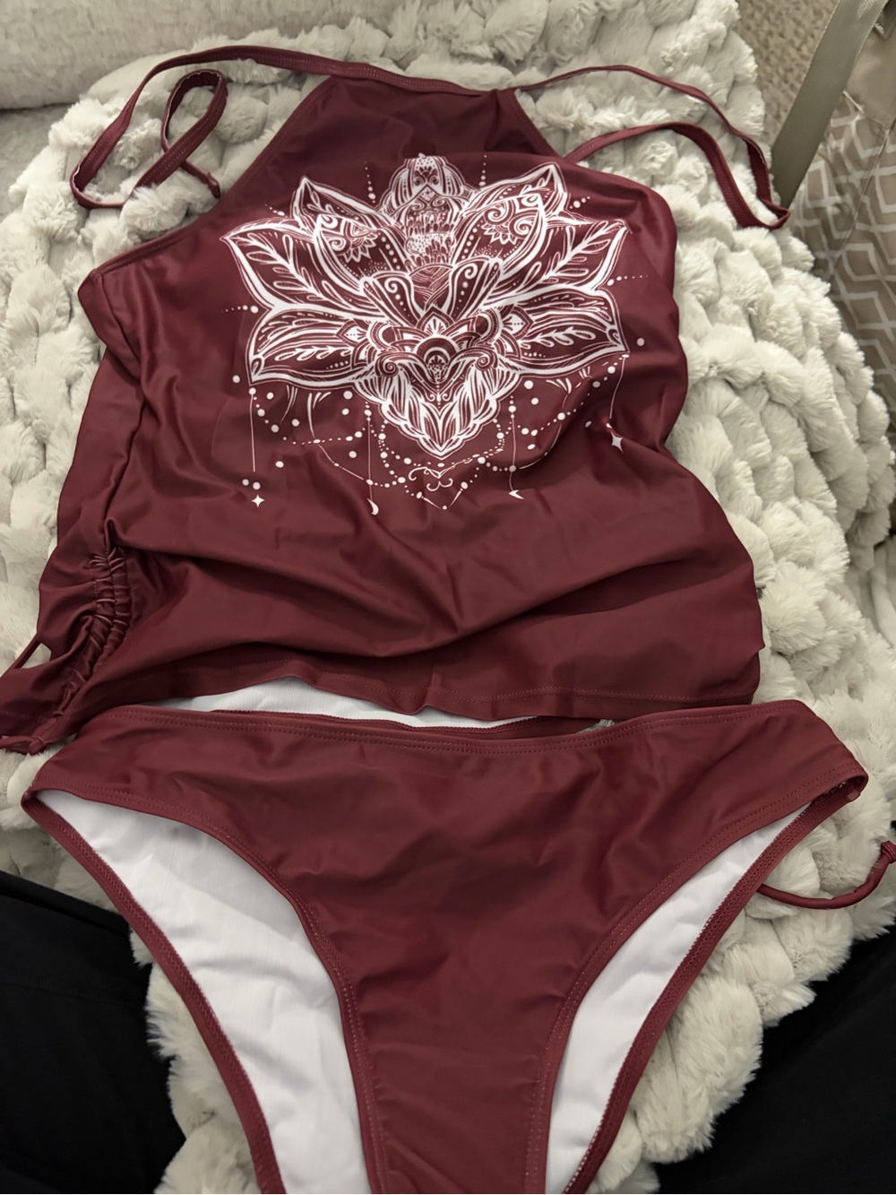 Women's Maroon Tankini Set with White Mandala Print NWOT LG